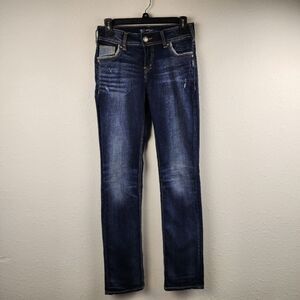 Silver Jeans Co. Suki Mid Rise Straight Dark Wash Distressed Denim Jeans W26 L32